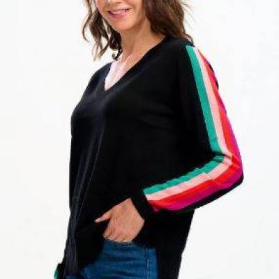 Libby V Neck Jumper - Black Sports Stripe.JPG